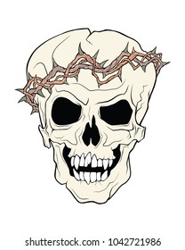The skull of a grinning vampire in thorns wreath . Vector color illustration of a tattoo style isolated on a white background.