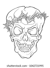 The skull of a grinning vampire in thorns wreath . Vector linear illustration of a tattoo style isolated on a white background.