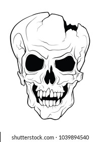 The skull of a grinning vampire. Vector monochrome illustration of a tattoo style isolated on a white background.