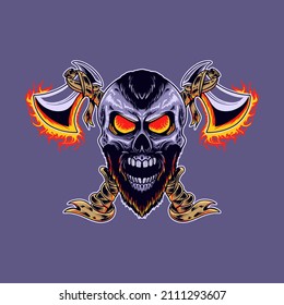 Skull Guardian and Fire Ax Weapone Premium Vektor Illustration