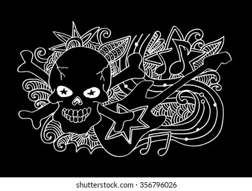 Skull and guitar. Hand drawing illustration.