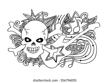 Skull and guitar. Hand drawing illustration.