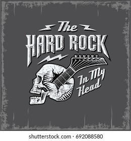 Skull guitar, Hard rock in my head, dark background, vintage, illustration, vector