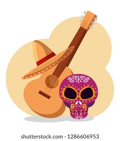 skull with guitar and hat to day of the dead