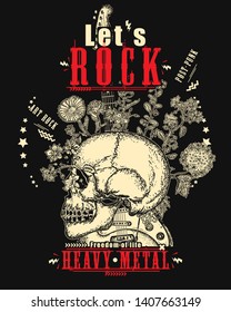 Skull and guitar. Let's Rock slogan. Musical vector art, t-shirt design 