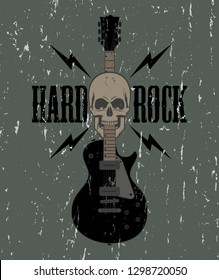 Skull with a guitar and lightning with text. Illustration on the theme of rock