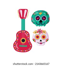 Skull guitar for mexican holiday and carnival. Bright colorful stylish vector illustration about Mexico. Traditional Mexican symbols. Vector illustration