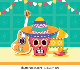 skull guitar and pinata celebration viva mexico vector illustration
