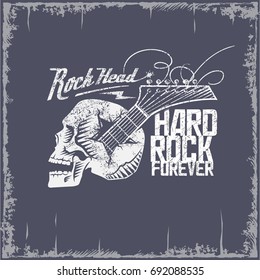 Skull, guitar, Rock head, hard rock forever, blue background, vintage, illustration, vector