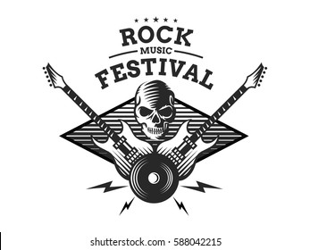 Skull and guitar for rock music festival - logo, illustration on a white background