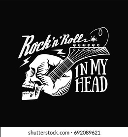 Skull, guitar, Rock-n-roll in the head, black background, illustration, vector