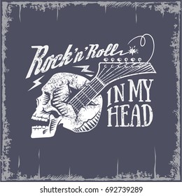 Skull, guitar, Rock-n-roll in the head, blue background, vintage, illustration, vector