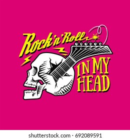 Skull, guitar, Rock-n-roll in the head, pink background, vintage, illustration, vector