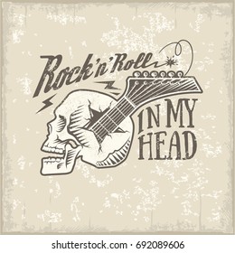 Skull, guitar, Rock-n-roll in the head, Sepia, vintage, illustration, vector