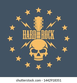 Skull with a guitar and stars with text. Illustration on the theme of rock music