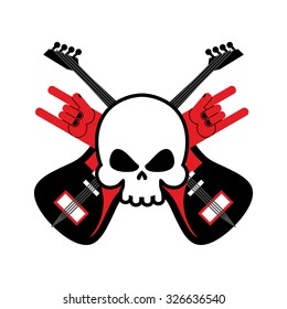 Skull with guitars and rock hand symbol. Logo for rock band. Logo for lovers rock music.