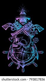 Skull and guns, anchor, steering wheel, compass, lighthouse, sea poster art 