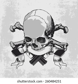 Skull and guns, crossbones and ribbon 