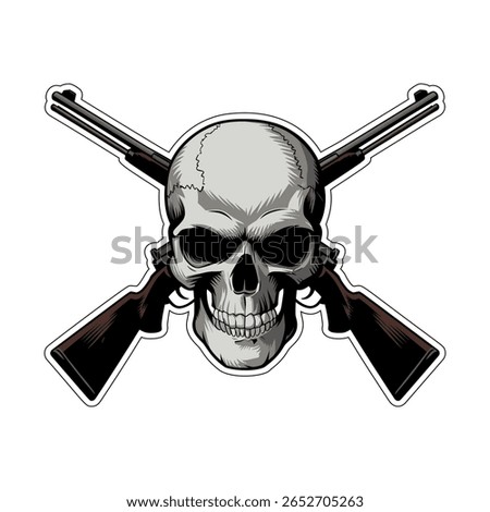 Skull with guns crossed over it. The skull is surrounded by two guns, one on the left and one on the right. The skull and guns give off a sense of danger and violence