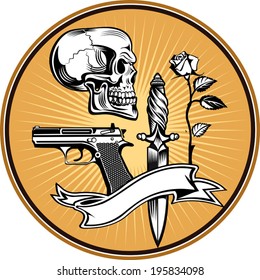 Skull, guns, knife roses