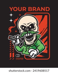 Skull Guy Holding a Smoke with a leaf mustache on the Streetwear concept