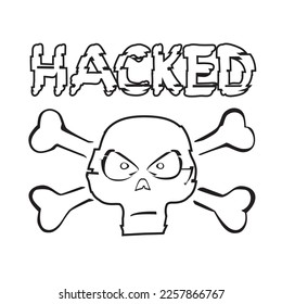 Schädel und gehackter Text auf weißem Hintergrund. Rahmendesign des Hackerzeichensymbols