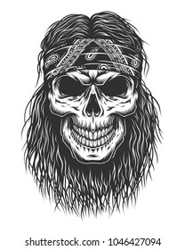 Skull with hair and bandana. Detailed vector illustration