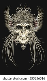 skull with hair in crown with patterns