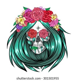Skull with hair and different flowers.White background.
