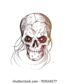 Skull with hair - Hand Drawn Sketch Vector Background.