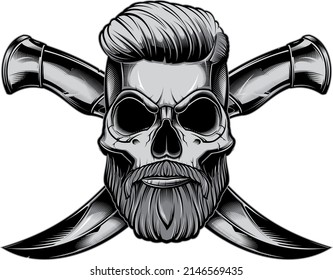 Skull with hair. Illustration with crossed knives