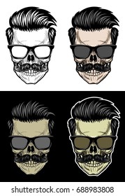 Skull with hair and mustache wearing sunglasses, drawing skull with 4 style color