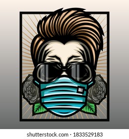 Skull with hair wearing a mask and glasses. Premium vector