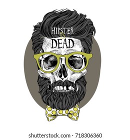 Skull with a hairstyle, beard, mustache in a glasses and bow tie. Vector illustration.