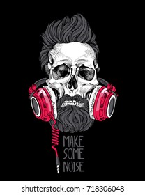 Skull with a hairstyle, beard, mustache in a red Headphones on a black background. Vector illustration.