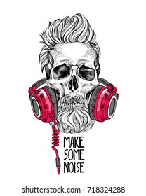 Skull with a hairstyle, beard, mustache in a red Headphones. Vector illustration.