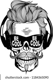 Skull with hairstyle, beard and sunglasses, line art