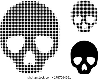 Skull halftone dotted icon. Halftone array contains circle elements. Vector illustration of skull icon on a white background.