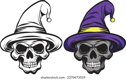 Skull with Halloween hat. Hand-drawn lines. Doodles art for greeting cards, invitations, or posters. Coloring book for adults and kids.