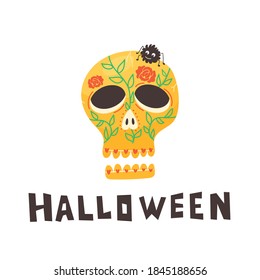 Skull halloween. Painted colored skull. Vector illustration and lettering
