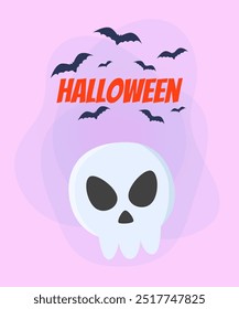 Skull for Halloween poster design. Flying bats on abstract background. Celebration, holiday, party concept. Vector illustration for invitation or banner