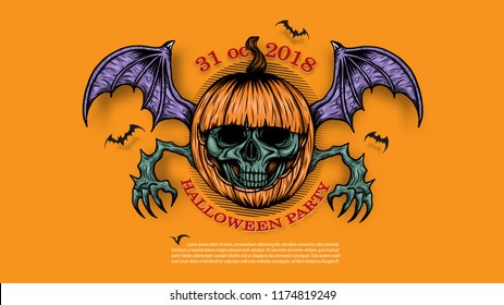 Skull with halloween pumpkin background by hand drawing.Skull tattoo art highly detailed in comics style.Halloween background line art pattern for wallpaper