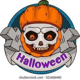 SKULL OF HALLOWEEN, Halloween skull in pumpkin, graveyard, vector illustration for Halloween