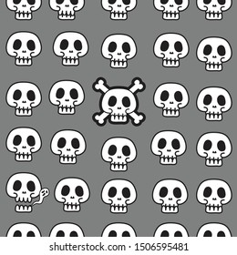 Skull Halloween Seamless Doodle Patterns Black&White on Gray Background