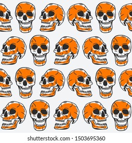 Skull halloween Seamless pattern with hand drawn style. Halloween orange seamless patern. Hand drawn skull vector illustration