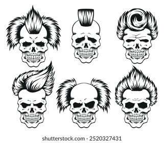 Cabeza del esqueleto del cráneo de Halloween con el bosquejo punk del pelo fijado ilustración plana del Vector. Retrato de hueso monocromo con peinado loco tatuaje de peinado de horror heavy metal rock grunge festival