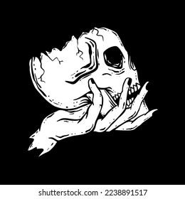 Skull hand art Illustration hand drawn black and white vector for tattoo, sticker, poster etc