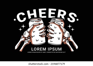 Diseño de la mano de la calavera con vidrio de cerveza. apto para camisetas, pegatinas, carteles, impresión de pantalla y otros productos similares.