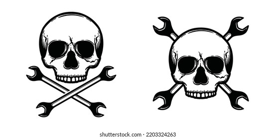 Skull hand draw and crossed wrench symbol icon vector  Skull without lower jaw   wrench key illustration silhouette logo