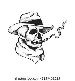 Skull hand drawing vector illustration  Skull in engraving style  Skull in hat and cigar